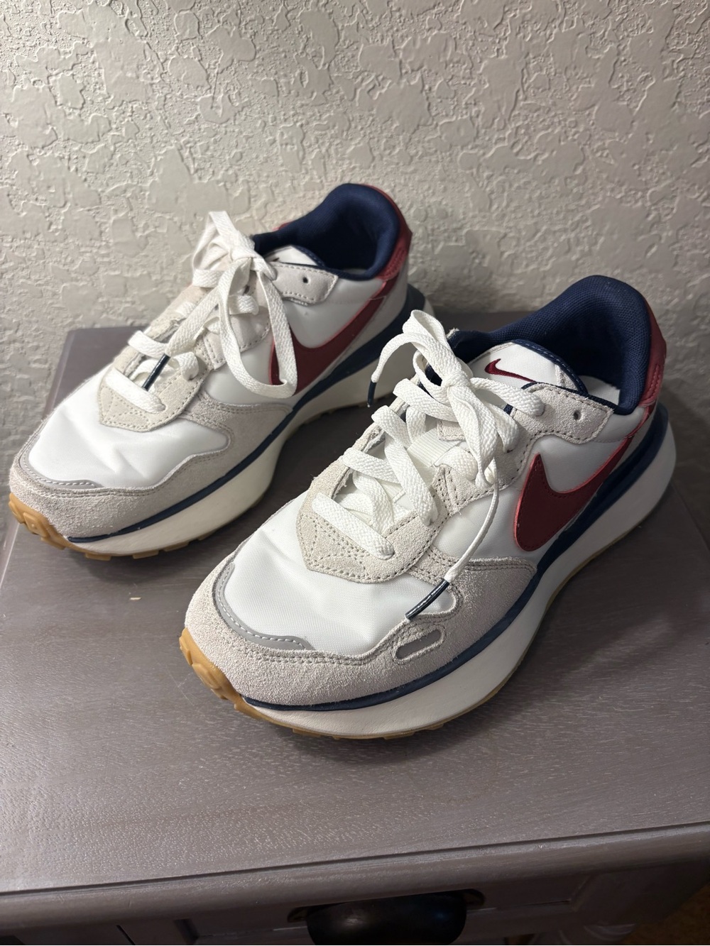 Nike Phoenix Waffle White Sneakers with Burgundy Swoosh and Navy Lining - Picture 2 of 11